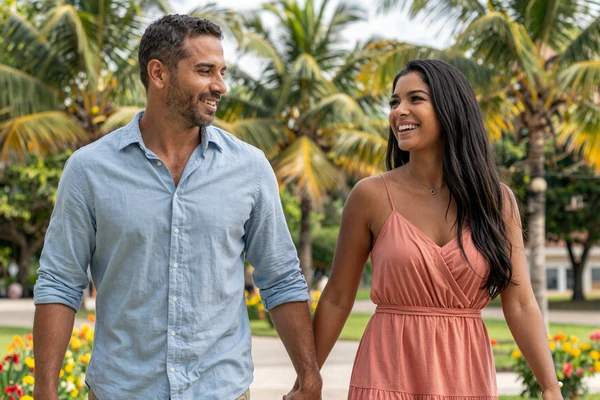 American man and Venezuelan woman walking hand in hand through a tropical park with palm trees