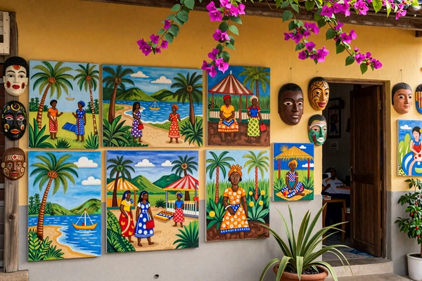 Colorful Haitian art gallery in Jacmel Haiti with vibrant naive paintings and papier-mache masks in tropical setting