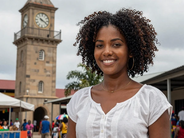 Confident Afro-Guyanese woman near the Stabroek Market in Georgetown