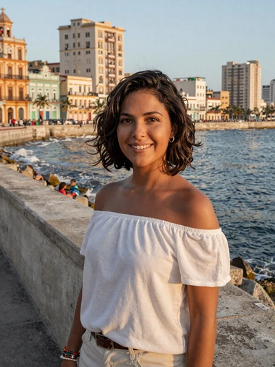 Adriana, 29, a charming Cuban woman from Havana on the Malecón seawall at sunset