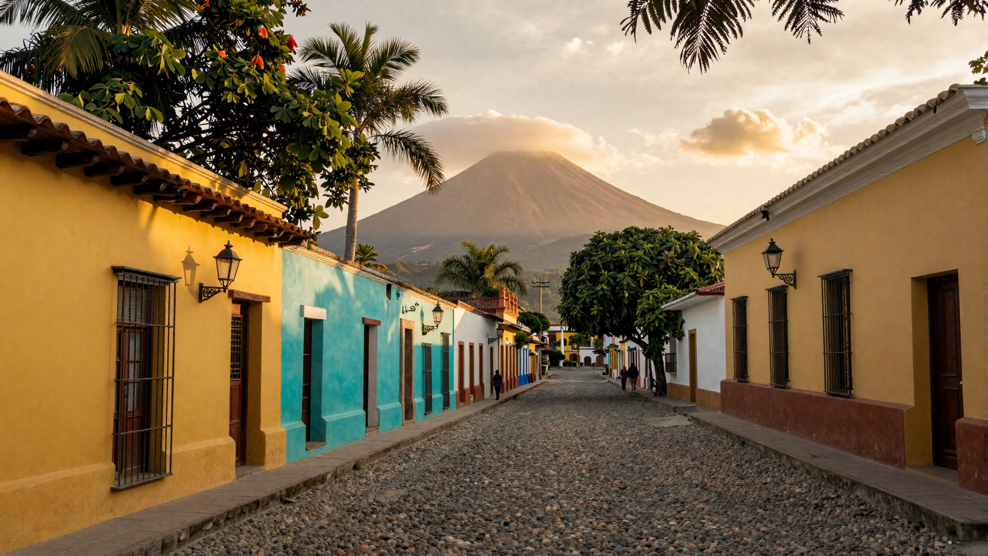 Colonial Granada Nicaragua streets at golden hour with Mombacho volcano backdrop
