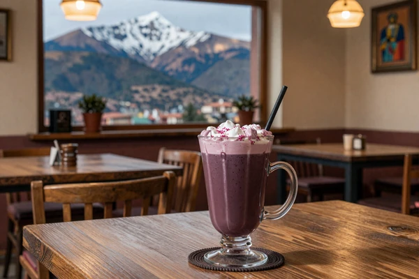 Cozy café in Bolivia with Andean mountain views through the window