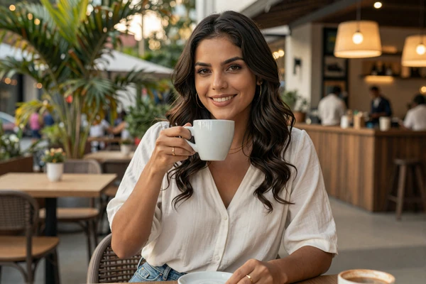 Venezuelan woman enjoying coffee at a trendy outdoor café in Caracas with tropical plants