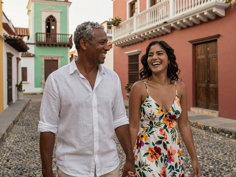 Happy international couple enjoying a stroll through a vibrant Latin American city