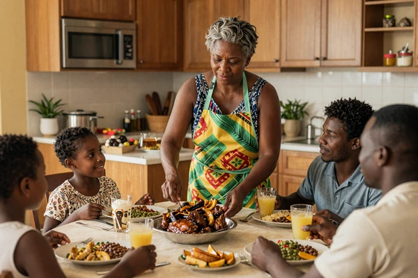 Jamaican family gathered around a dinner table enjoying traditional jerk chicken and rice and peas in a warm home setting