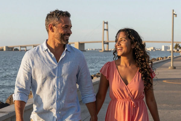 American man and Panamanian woman walking hand in hand along the Amador Causeway in Panama City at golden hour