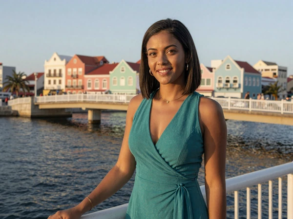 Elegant Dutch Antillean woman near the Queen Emma pontoon bridge in Willemstad Curaçao