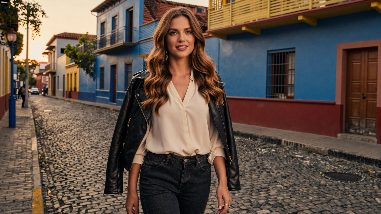 Elegant Argentinian woman smiling on a colorful cobblestone street in the La Boca neighborhood of Buenos Aires