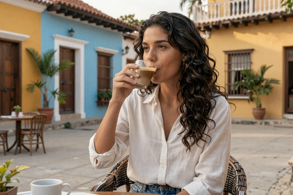 Colombian woman enjoying coffee at a charming outdoor café in Cartagena old town