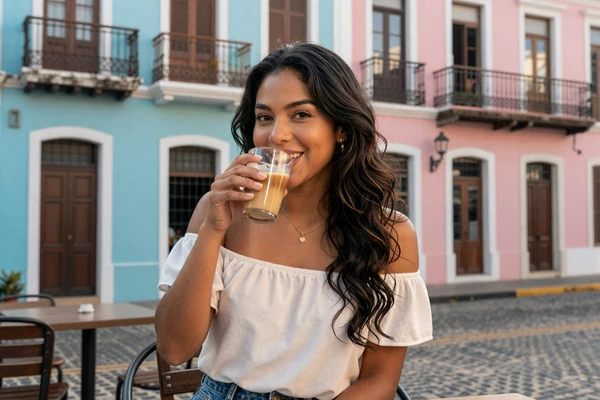 Puerto Rican woman enjoying coffee at an outdoor café in Old San Juan with colorful colonial buildings