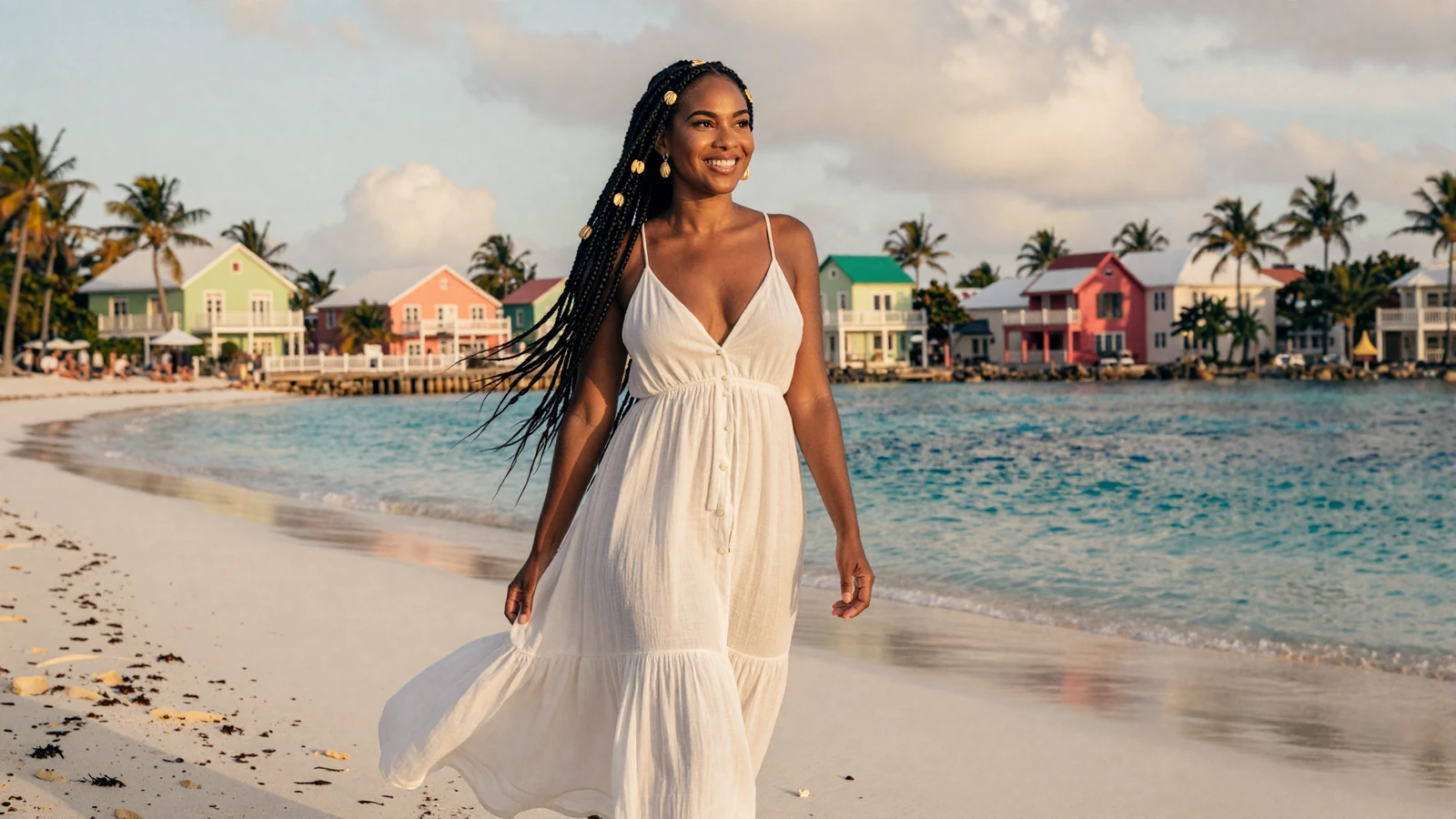 Beautiful Bahamian woman smiling on a pristine Nassau beach with turquoise Caribbean water and colorful colonial houses in background