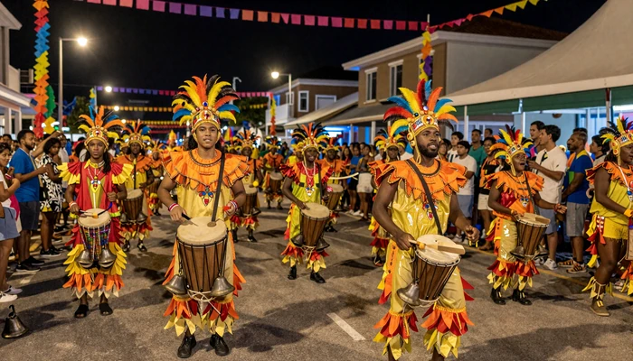 Colorful Junkanoo parade in Nassau Bahamas featuring elaborate handcrafted costumes and traditional goombay drums