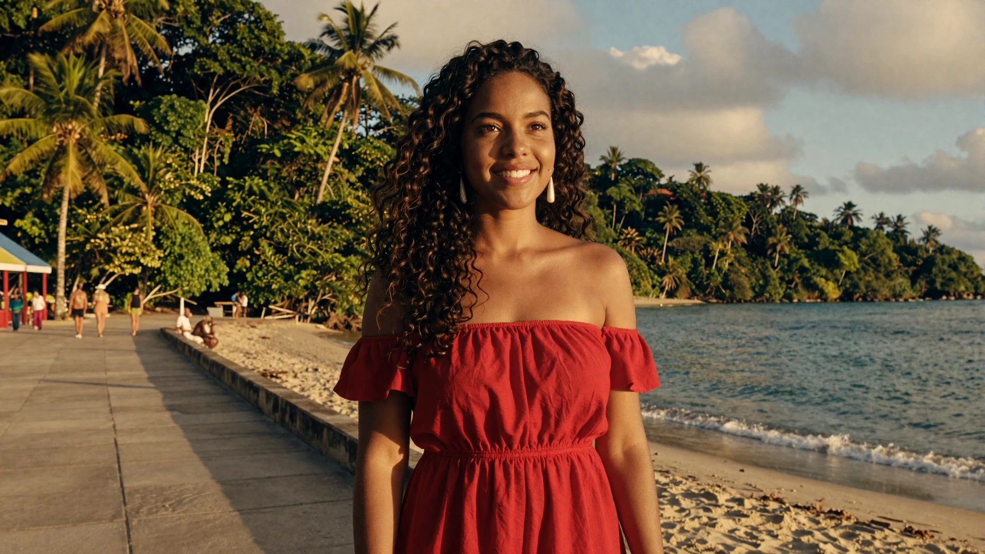 Beautiful French Guianese woman smiling on the Cayenne coastal promenade with lush tropical scenery