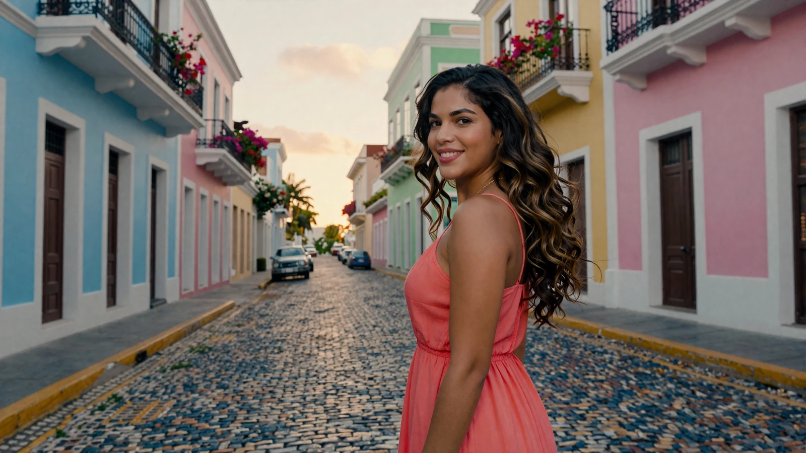 Beautiful Puerto Rican woman smiling on a colorful cobblestone street in Old San Juan with pastel colonial buildings