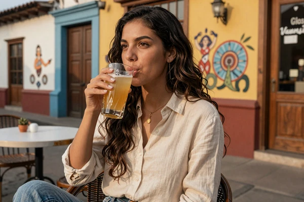 Peruvian woman enjoying a pisco sour at a colorful outdoor café in Lima's Barranco district