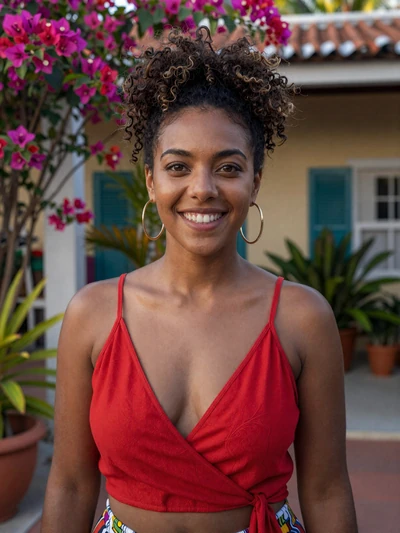 Roshelle, 27, a radiant Curaçaoan woman in a tropical garden courtyard in Willemstad