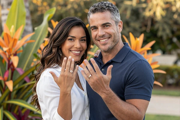 Todd and Victoria, a happy American-Colombian couple showing their wedding rings