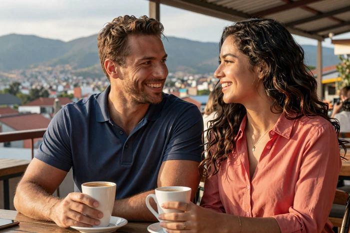 Mark and Isabella, a happy American-Colombian couple at a rooftop cafe in Medellín