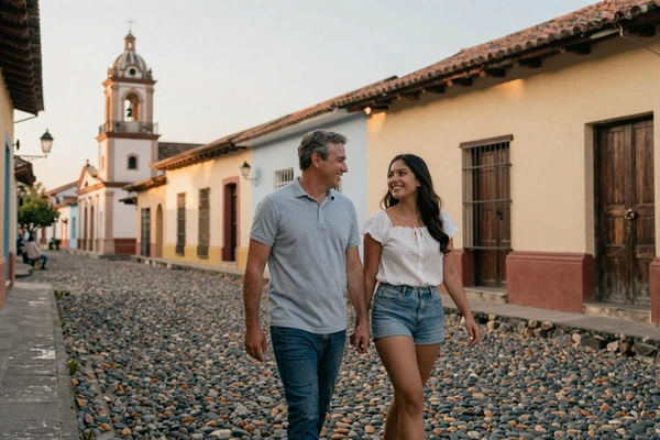 American man and Salvadoran woman walking together through the colonial streets of Suchitoto El Salvador