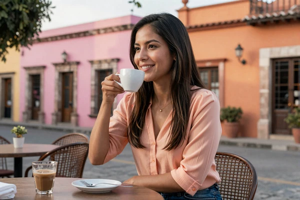 Mexican woman enjoying coffee at a colorful café in a colonial Mexican town