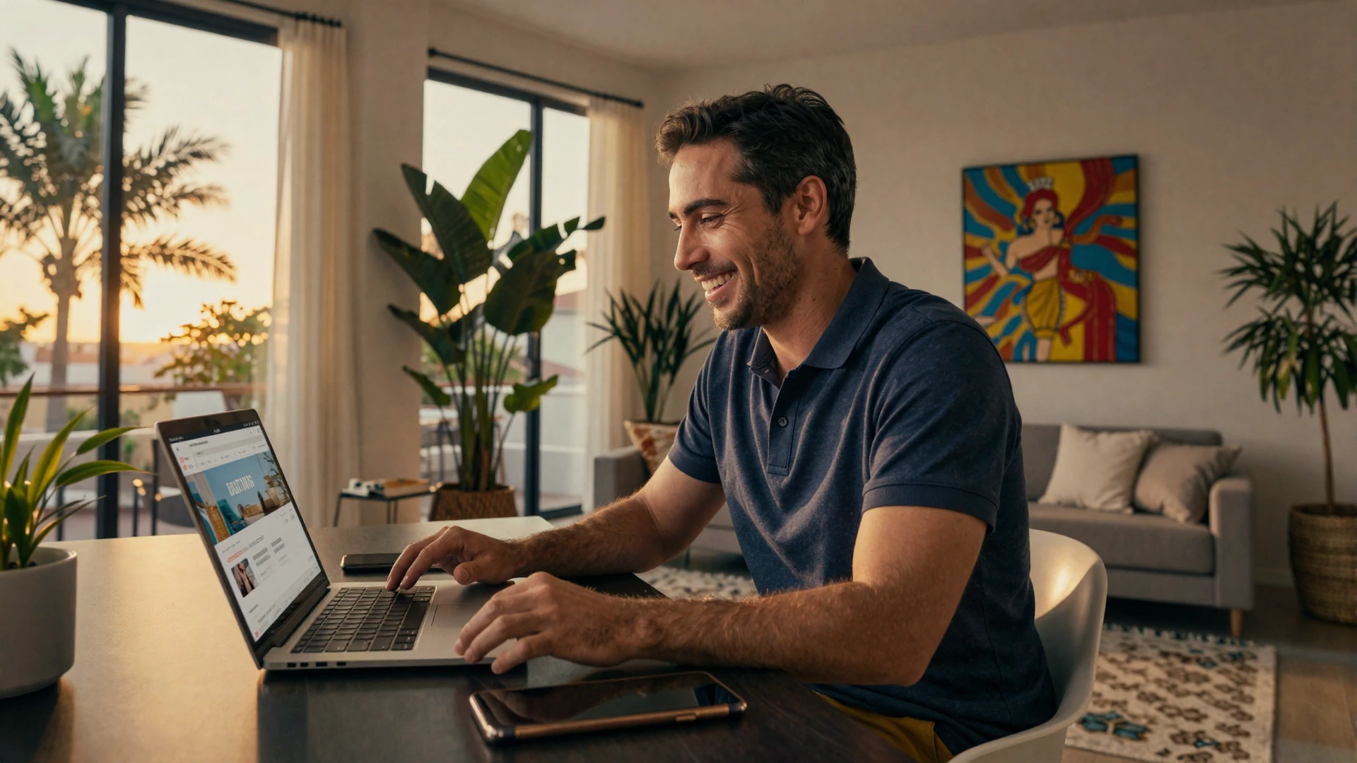American man happily browsing Latin dating profiles on his laptop in a warm cozy setting