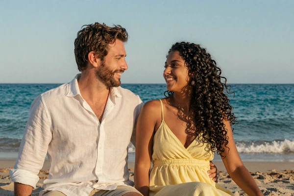 Mark and Anna, an American-Brazilian couple sitting together at a beach sunset