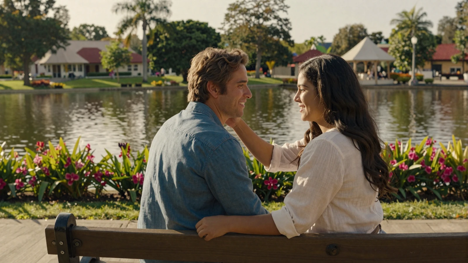 Happy American man and Latina woman sitting together in a beautiful park at sunset