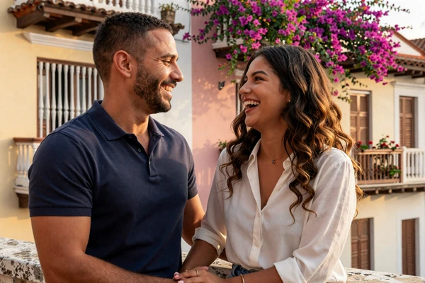 Jason and Valentina smiling together on a balcony in Cartagena, Colombia