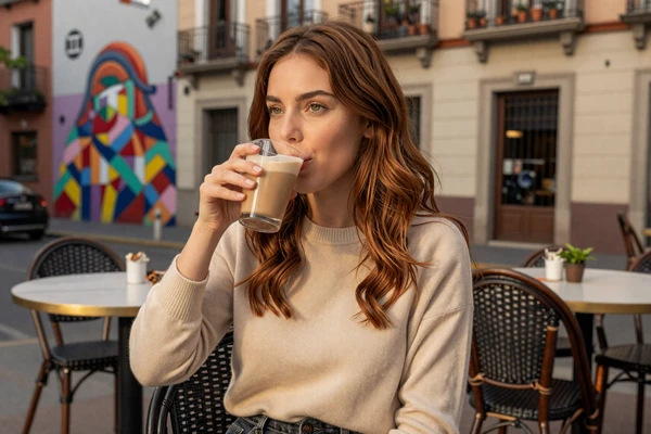 Argentinian woman enjoying café con leche at a stylish outdoor café in the Palermo Soho neighborhood of Buenos Aires