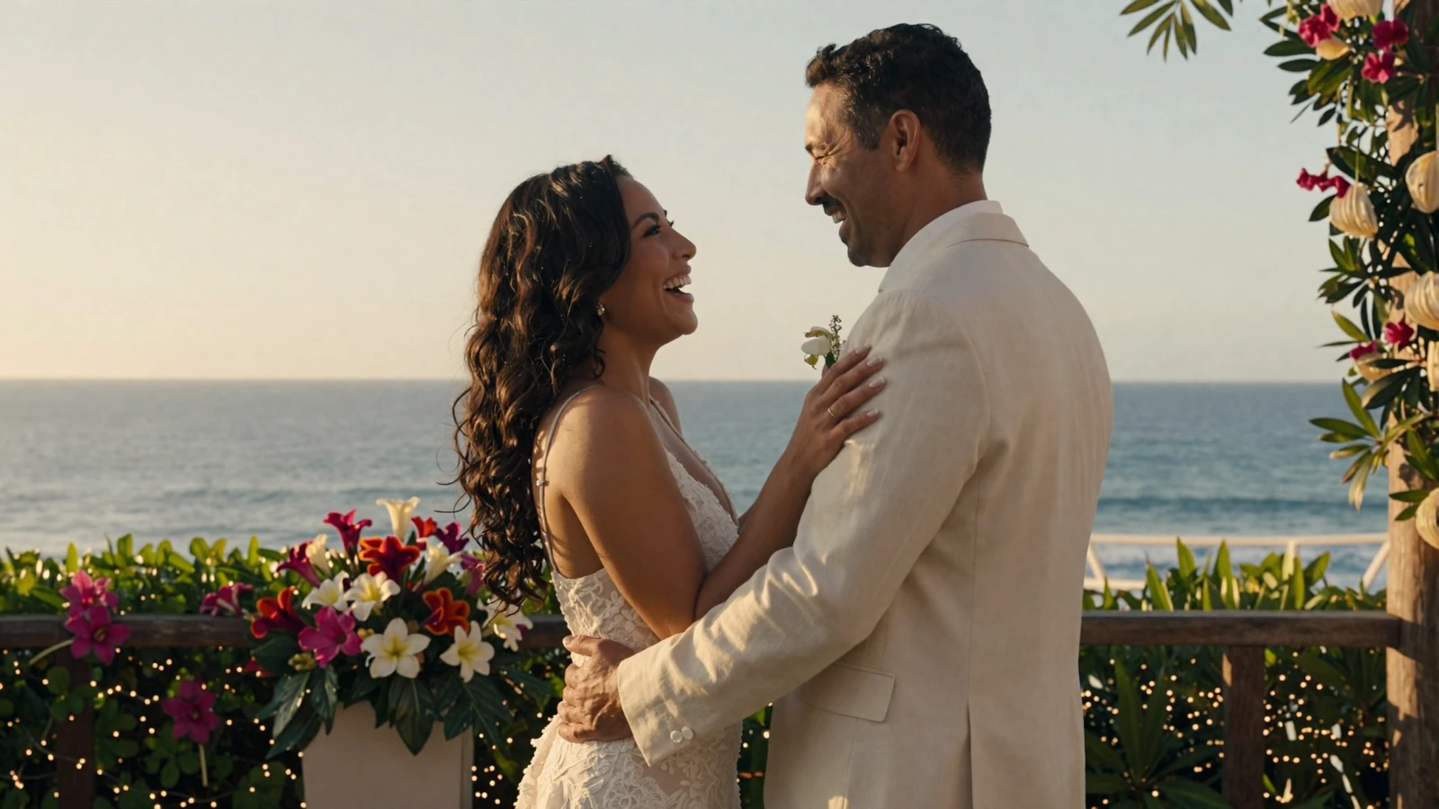 Happy American man and Latina bride celebrating their love at an ocean-view wedding venue