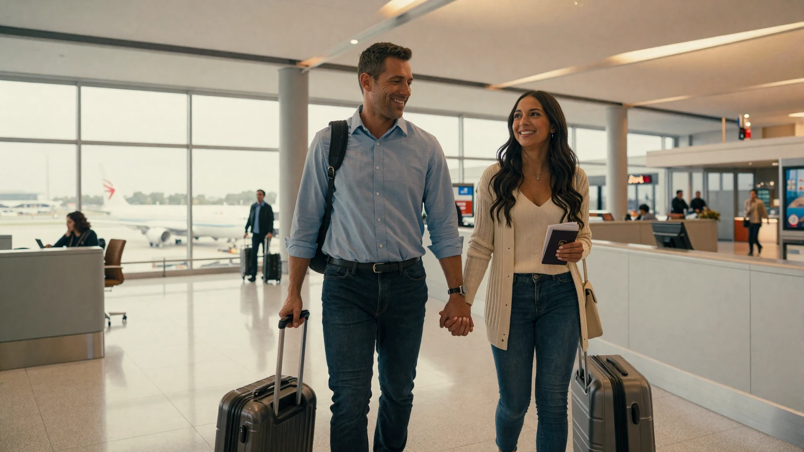 Happy American man and his Latin fiancée arriving together at a US airport after K-1 visa approval