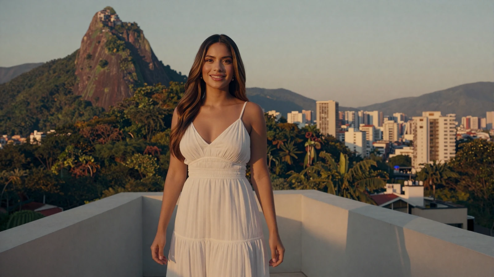 Beautiful Venezuelan woman smiling on a terrace overlooking Caracas with El Ávila mountain in the background