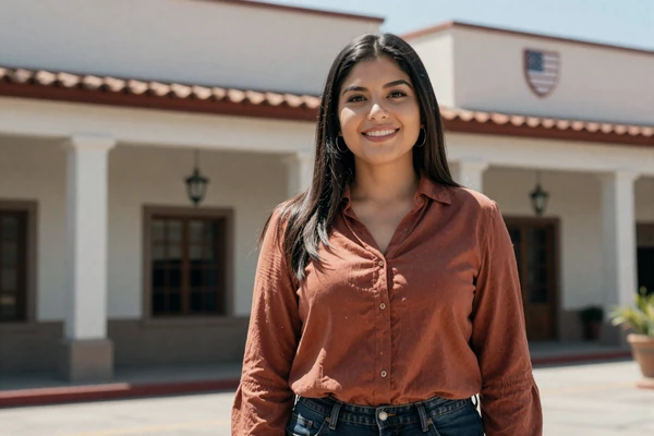 Young Mexican woman standing near the US Embassy in Ciudad Juárez for her K-1 visa interview