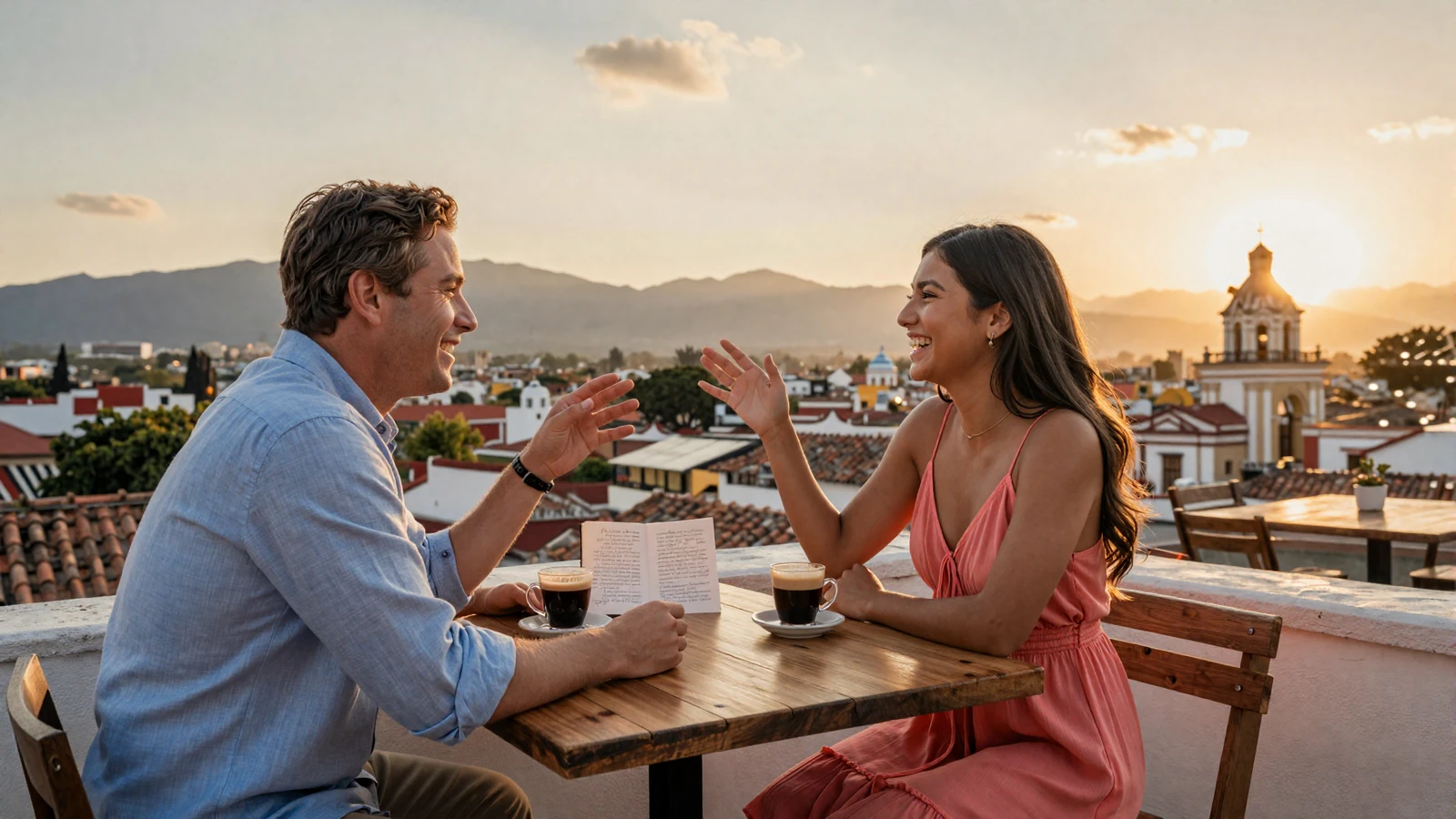American man learning Spanish from a beautiful Latina woman at a rooftop cafe in Latin America at golden hour