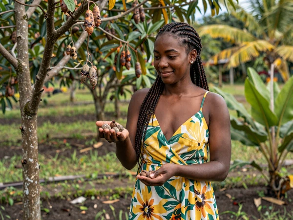 Grenadian woman in a lush spice garden surrounded by nutmeg trees in Grenada