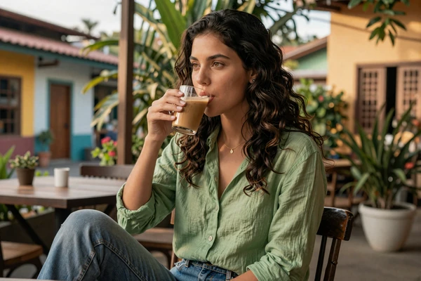 Costa Rican woman enjoying coffee at an outdoor café surrounded by tropical plants in San José