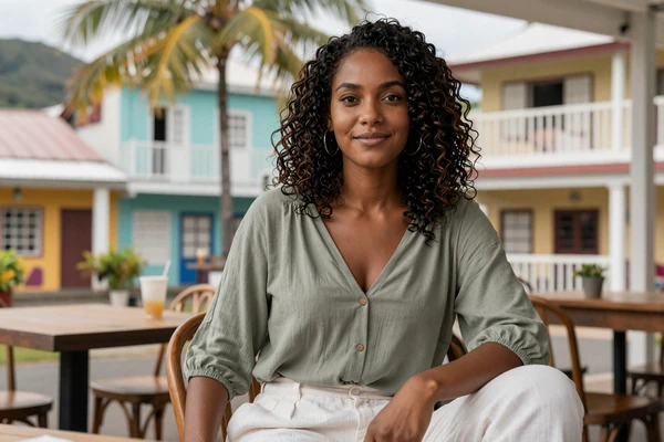 Saint Lucian woman enjoying a relaxed afternoon at a colorful cafe in Castries with tropical scenery