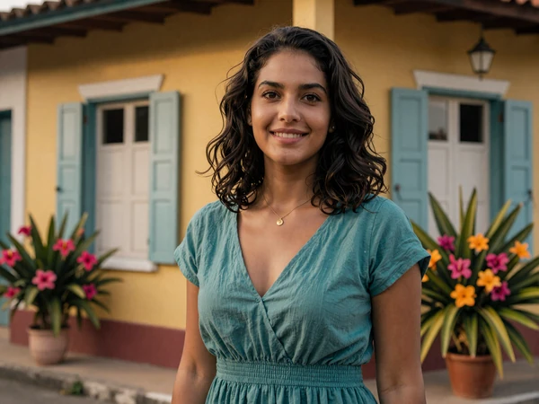 Mixed-heritage French Guianese woman standing near a colorful colonial house in Cayenne